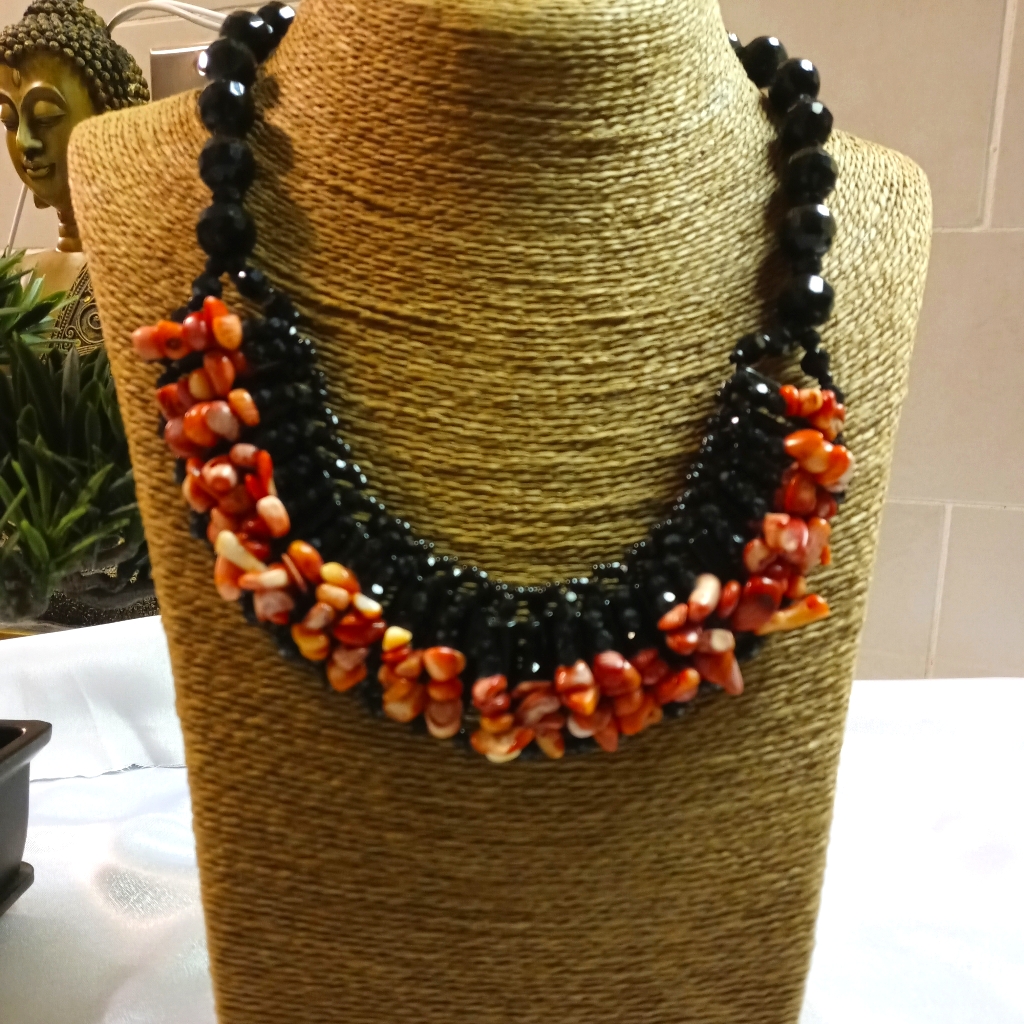Black Crystal And Gemstone Necklace, Artisanal